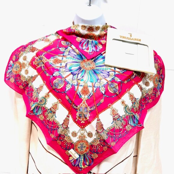 Trussardi Accessories - New in Box Trussadi  Handker /Mini Scarf Cotton 20" Pink white green bow (39